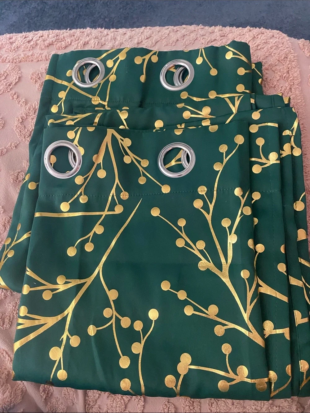 Green Drapes with Gold Botanical Print and Grommets